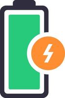 Battery icon charging, with green indicator and orange lightning bolt representing energy and power, ideal for illustrating charging process vector
