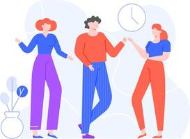 Office workers having a conversation during a meeting, discussing work related topics, with a clock symbolizing time management and deadlines vector