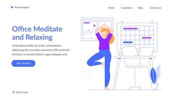 Office worker practicing yoga in her workspace, finding relaxation and meditation to enhance focus and promote a healthy work life balance while managing stress effectively vector