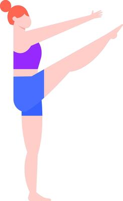 Young woman practicing yoga, standing on one leg and stretching arms and leg, minimalist flat illustration isolated on white background
