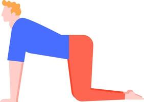 Young man practicing yoga, performing the cat pose stretching exercise, improving flexibility and balance, promoting physical and mental well being through mindful movement vector