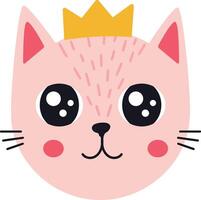 Adorable pink cat wearing a golden crown, featuring big, expressive eyes and a sweet, smiling face, creating a charming and whimsical design vector