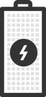 Battery icon illustrating charging status with a prominent lightning symbol, conveying themes of energy, power, and electricity in a modern, digital design vector