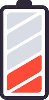 Battery icon showing a low charge level with red color filling the bottom part, indicating critical power status and the need for immediate charging vector