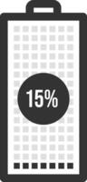 Minimalist battery icon displaying a 15 percent charge level, visualized with a grid and a percentage indicator, symbolizing low power and the need to recharge vector