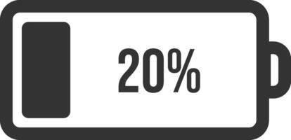 Simple battery icon indicating a remaining charge of twenty percent, visualized with a partially filled horizontal bar and a numerical percentage value vector