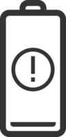 Simple battery icon depicting low charge, featuring an exclamation mark warning sign, presented as an isolated illustration on a clean white background vector