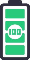 Full battery icon with one hundred percent charge indicator showing maximum power level, representing energy, efficiency, and long lasting performance in electronic devices vector