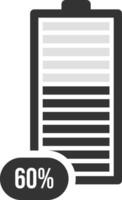 Simple battery icon displaying a 60 percent charge level, represented by a partially filled vertical bar with a percentage indicator, useful for visualizing power status vector