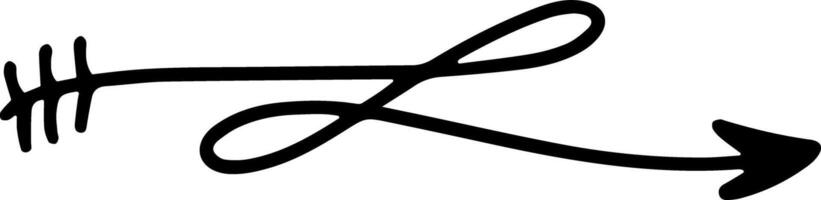 Simple, black, hand drawn arrow pointing right, featuring a looped line and fletching, ideal for visually guiding attention or indicating direction vector