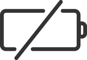 Diagonal line crossing a simple battery icon, indicating a critically low or empty battery status, symbolizing the need for charging or power conservation vector