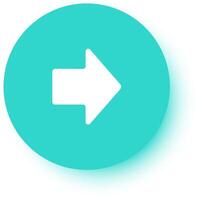 Minimalist graphic showing a white arrow pointing right on a turquoise circle with drop shadow on white background, conveying direction, movement, and progress vector