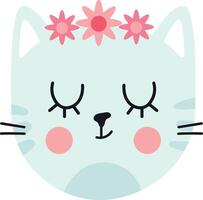 Turquoise kitten face adorned with pink flowers, featuring closed eyes, rosy cheeks, and a light blue chin, creating a charming and adorable illustration perfect for kids vector