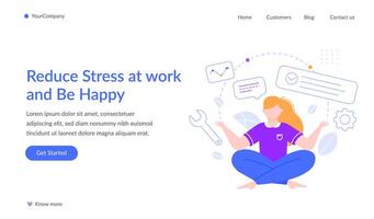 Young woman practicing yoga and meditation at workplace managing tasks, emails, messages, and different activities to reduce stress and be happy vector
