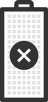 Empty battery icon with a cross sign, symbolizing low power or no charge, against a checkered background, emphasizing the need for charging or replacement