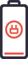 Minimalist illustration of a low battery with a plug symbol, indicating the need to connect to a power source to recharge, with a partially filled charge indicator bar at the bottom vector