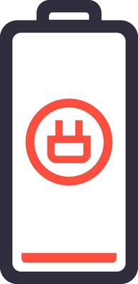 Minimalist illustration of a low battery with a plug symbol, indicating the need to connect to a power source to recharge, with a partially filled charge indicator bar at the bottom