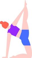 Minimalist flat illustration of a young woman with red hair in a bun, wearing a purple top and blue shorts, practicing one legged upward bow pose on a white background vector