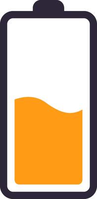 Simple illustration of a battery icon with an orange fill representing a moderate charge level, suitable for various digital interfaces and applications