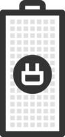 Stylized illustration of a rechargeable battery with a charging plug symbol indicating full power level, representing energy storage, power supply and electrical concepts vector