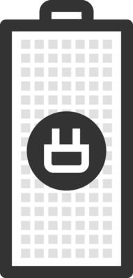 Stylized illustration of a rechargeable battery with a charging plug symbol indicating full power level, representing energy storage, power supply and electrical concepts