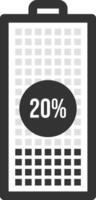 Minimalist illustration featuring a battery icon displaying a 20 percent charge level, representing low power and highlighting the urgent need for recharging electronic devices vector