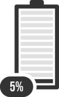 Minimalist illustration of a battery icon with a charge indicator showing five percent remaining, representing low power and the need to recharge vector