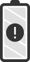 Battery icon displaying a nearly empty status with a warning sign, signaling low power levels and the urgent need for charging to prevent device shutdown vector