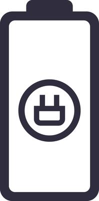 Minimalist illustration of a battery icon with a plug symbol, representing the charging status of a device, suitable for various applications related to power and energy