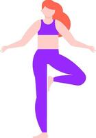 Redhead woman wearing purple sportswear practicing yoga in tree pose, promoting physical and mental well being through mindful movement and balance training vector