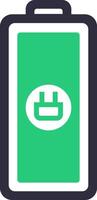 Green battery icon charging, featuring a plug symbol, symbolizes energy, power, and electricity while illustrating a connection to a power source for various electronic devices vector