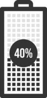 Battery icon displaying a 40 percent charge level, featuring a grid and percentage indicator, representing moderate power availability for various electronic devices vector