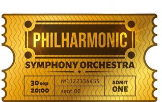 Golden ticket granting access to an exclusive Philharmonic Symphony Orchestra concert on September 30th at 8 PM, featuring seat number 00 for one fortunate attendee vector