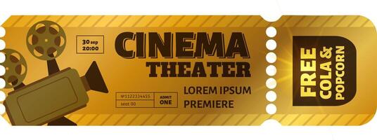 Cinema ticket inviting to a premiere with free cola and popcorn, featuring a vintage movie camera and information about date, time, seat number and offer vector