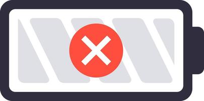 Empty battery icon with red cross sign indicating low power, symbolizing the need for charging or power source replacement for electronic devices vector