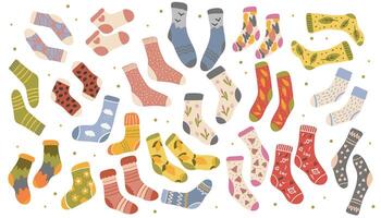 Big collection of trendy cotton, nylon, woolen, and sports socks with different patterns and textures. isolated flat illustrations on a white background. vector