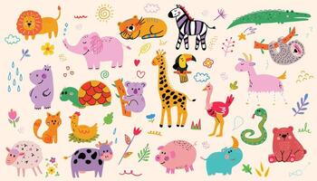Abstract doodles. Baby animals pattern. Fabric pattern. illustration with cute animals. vector