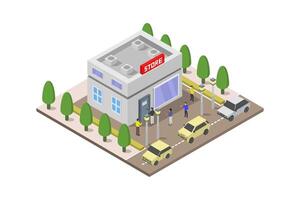 Isometric store building on white background vector