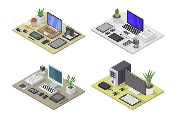 Isometric workplace illustrated on white background