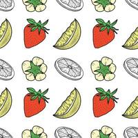 Seamless pattern with strawberries, lemon slices, flowers, and lemon in graphic, doodle style vector