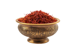 Saffron threads in an antique brass bowl on a transparent background png