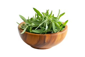 Tarragon leaves in a wooden bowl on a transparent background png