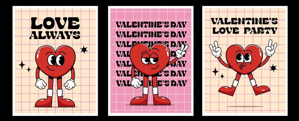 Set retro groovy poster with heart Love concept Happy Valentines Day Trendy retro 60s 70s style
