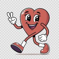 Groovy heart cute cartoon character in retro style with peace gesture. Valentine's day mascot with face, arms, legs. Romantic concept retro heart Hippie 60s and 70s vector