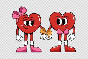 Retro characters of hearts in a groovy style, couple in love hands tied with a bow. Love cute and psychedelic mascots with face, hands, legs. Happy Valentine's Day. vector