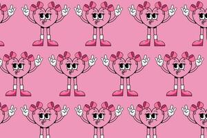 Retro heart outline pattern without fill with pink bows. Valentine's Day pattern Retro cartoon funny cute characters in heart shape for wallpaper, fabric wrapping, background vector