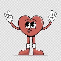 Groovy cute cartoon character in retro style heart with rock gesture. Beautiful and psychedelic valentine's day mascot with face, arms, legs. Vintage vector