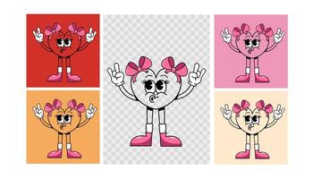 Retro groovy cartoon mascot heart shape outline, heart girl with bows showing fingers rock sign. Valentine vector