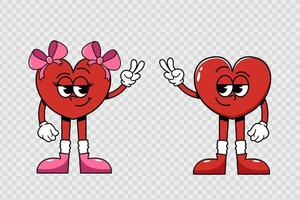 Couple of hearts, retro characters of hearts in a groovy style. Cute and psychedelic mascots with face, arms, legs. Happy Valentine's Day. Isolated on transparent background vector