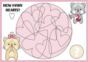Saint Valentine counting game with cute kawaii cats and heart squiggles. Love holiday math activity for kids. Educational printable counting worksheet. Shape recognition quiz with hearts in circle vector